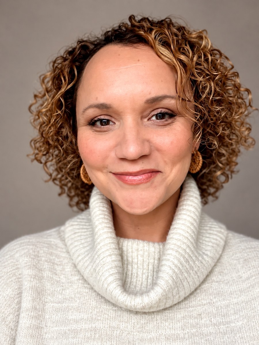 Sarah Jackson smiling in a cream turtleneck